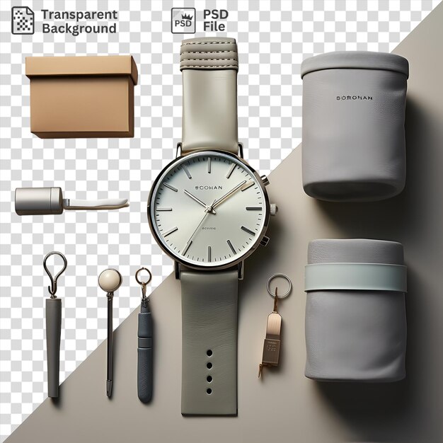 PSD relógio de luxo masculino e conjunto de acessórios exibido em uma parede branca com um relógio prateado preto e cinza caneta e pequena chave de prata