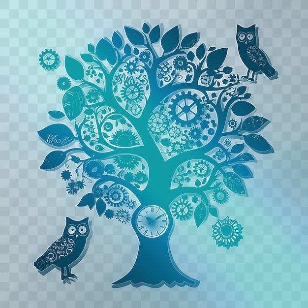PSD relógio de parede de tinta cnc com decorações de árvore e coruja esculpidas com contornos de tatuagem de camiseta.
