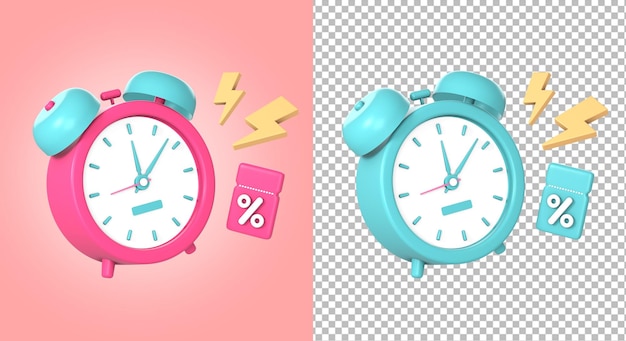 Relógio despertador 3d com flash e ilustração de ícone de código de cupom promocional