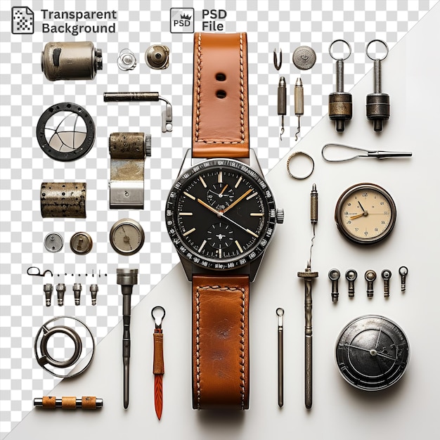 PSD relógio vintage isolado e relógio montado em parede branca com relógio preto, relógio prateado e preto, relogio castanho e relogio pequeno