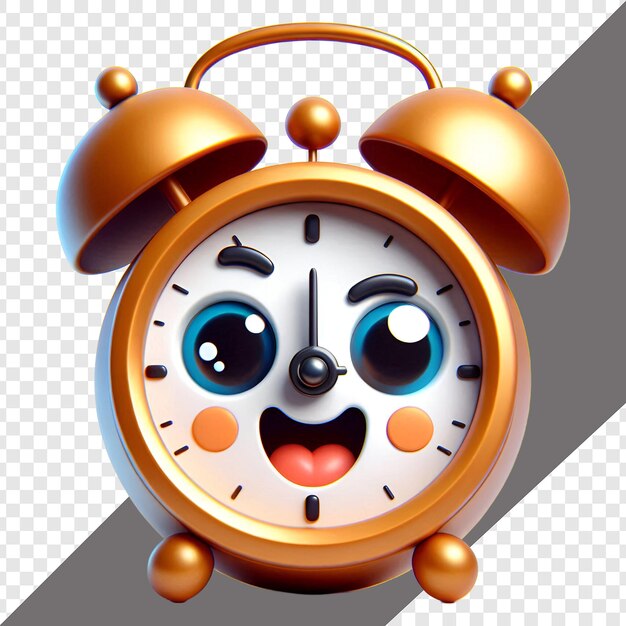 Reloj de alarma 3D de dibujos animados aislado en un fondo transparente