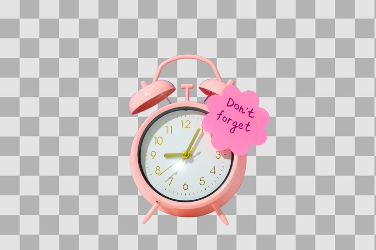 PSD reloj de alarma de png reloj rosado con texto no olvides aislado sobre fondo blanco