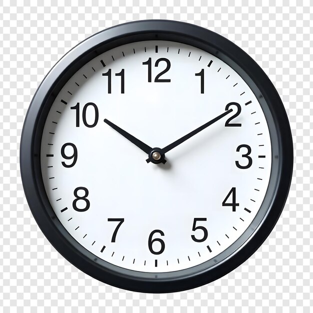 Reloj analógico de pared negro simple sobre un fondo transparente