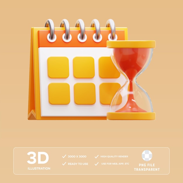 Reloj de arena y calendario PSD Ilustración 3D