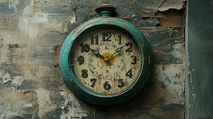 PSD reloj de azul azul vintage en la pared en apuros