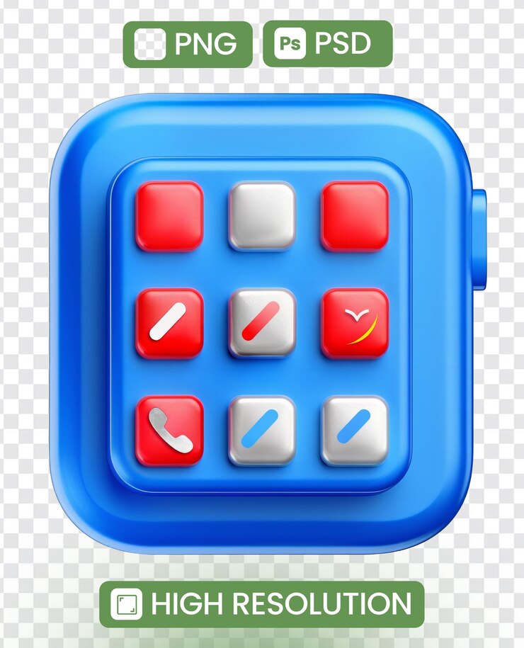 PSD un reloj azul y blanco con un botón rojo y blanco que dice llama en él