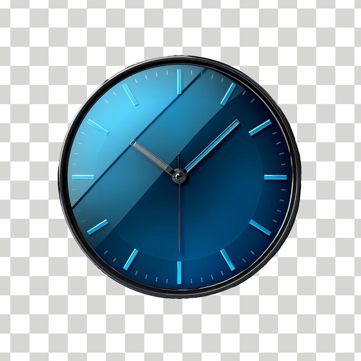 un reloj azul con la hora de 12:05