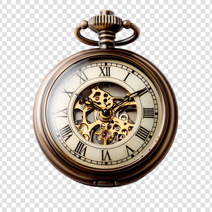 PSD reloj de bolsillo antiguo con mecanismo expuesto, engranajes de oro, reloj