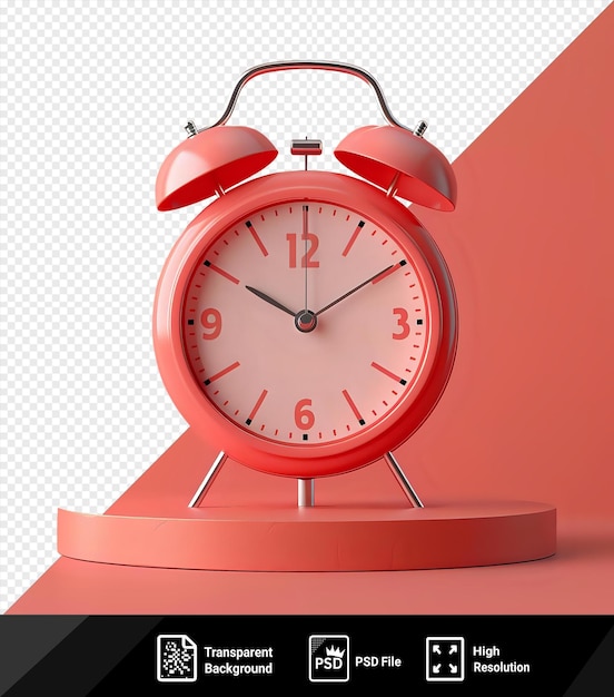 PSD reloj despertador 3d con cara roja y soporte plateado en fondo rosa con números rojos y una pierna plateada y metálica png
