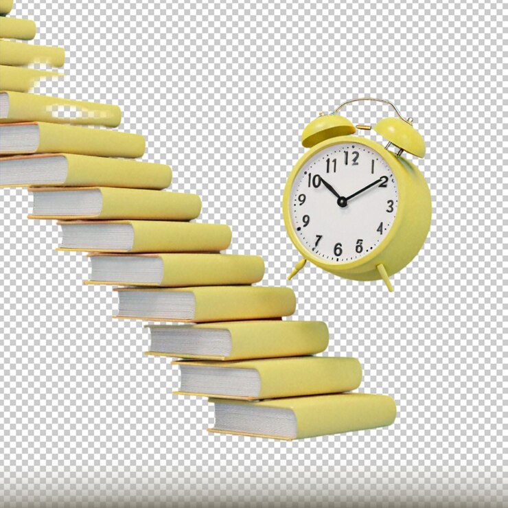 PSD reloj de despertador amarillo con concepto de educación libro pila escalera para su diseño de maqueta