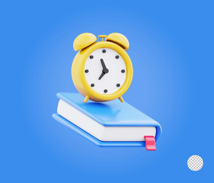 PSD reloj de despertador y libro de estudio y ilustración del icono de recordatorio de la hora concepto de estudio y gestión del tiempo