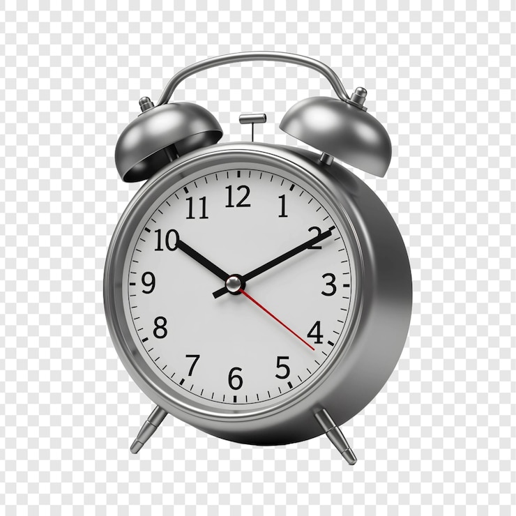 PSD reloj de despertador de plata con campanas que muestran la hora