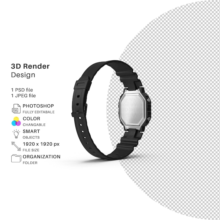 PSD un reloj negro con una banda negra que dice diseño de representación 3d.