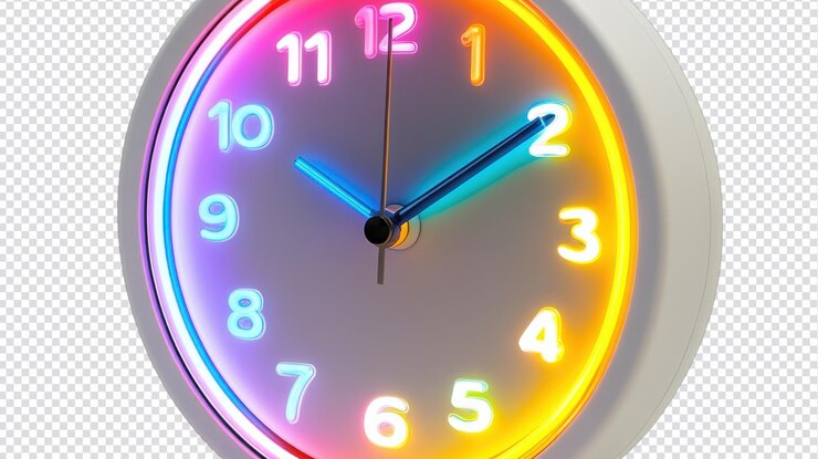 PSD reloj de neón colorido que muestra la hora con luces brillantes y diseño moderno en un estilo minimalista
