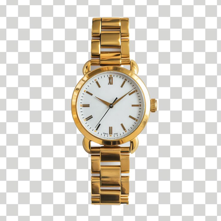 un reloj de oro con una cara blanca y números negros en un fondo blanco