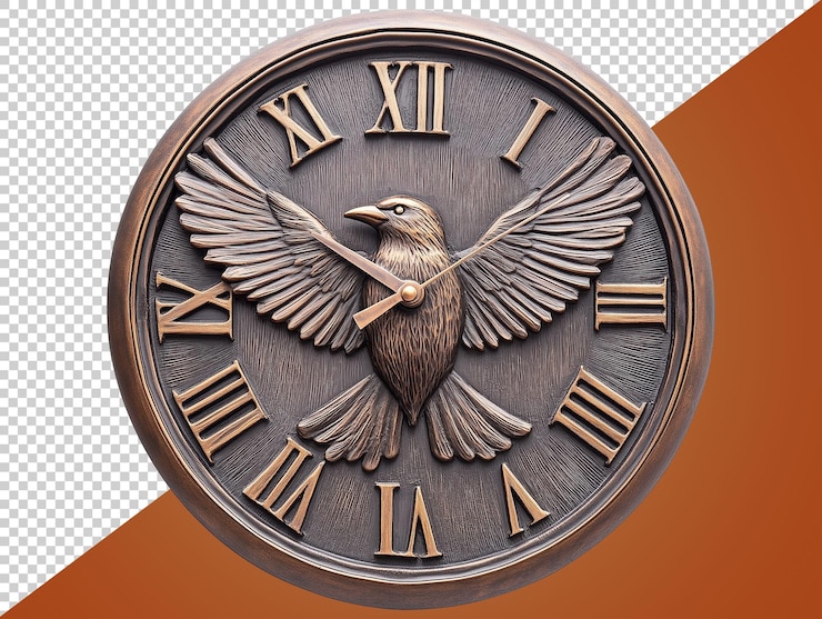 PSD reloj de pájaro de bronce con números romanos y alas