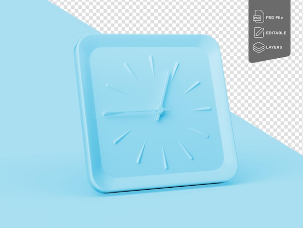 Reloj de pared cuadrado azul elegante 1245 doce cuarenta y cinco cuarto a la una en fondo azul Ilustración 3d