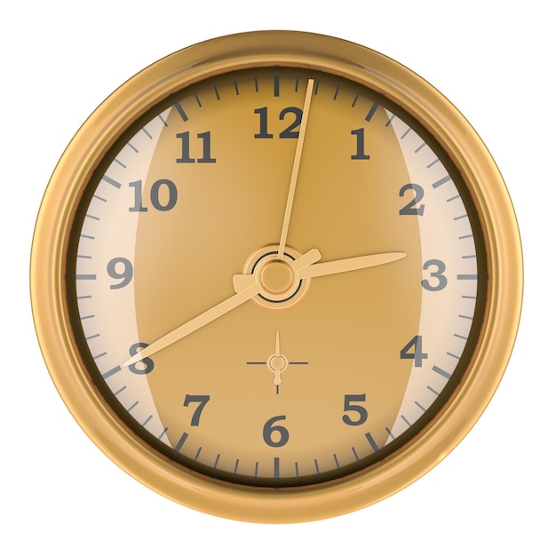 El reloj de pared dorado de vista frontal en 3D aislado sobre un fondo transparente