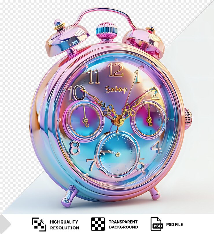 PSD reloj de stop transparente con agujas doradas y cara azul acompañado de una bola rosada y púrpura en un fondo aislado png psd