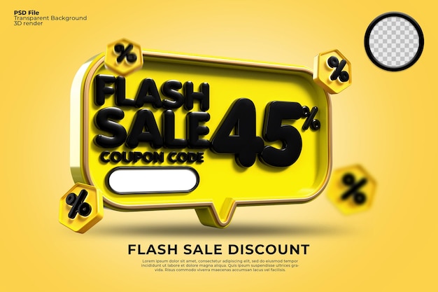 Remise de vente flash 3D numéro 45 pourcentage avec des couleurs jaunes noires, bannière de boutique en ligne,