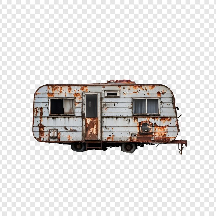 PSD remolque vintage oxidado abandonado en descomposición azul retro viaje caravana envejecida ruedas desgastadas