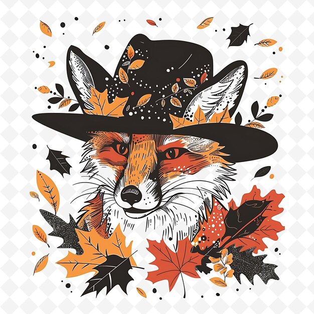 PSD un renard avec un chapeau sur la tête est entouré de feuilles d'automne