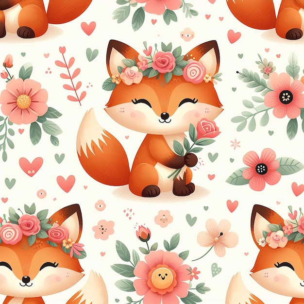 PSD un renard mignon avec un fond de fleur avec un motif sans couture