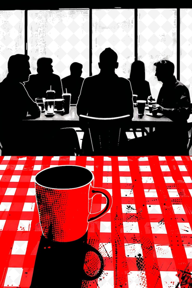 PSD une rencontre d'un candidat avec des électeurs dans un restaurant avec un café rouge png illustration plate arrière-plan