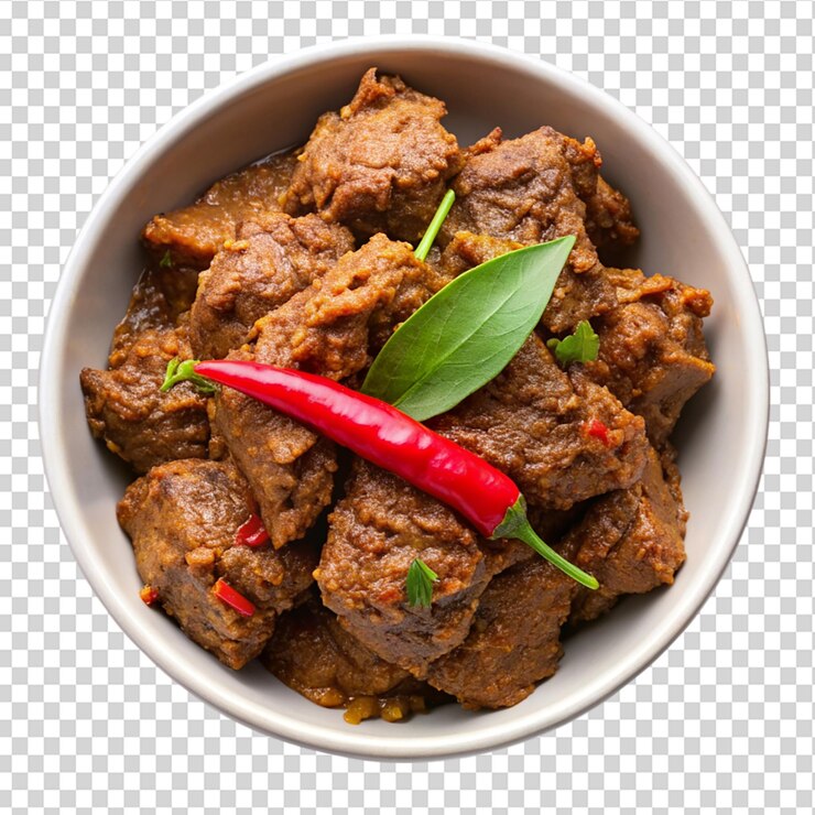 PSD rendang en el cuenco blanco vista superior fondo blanco