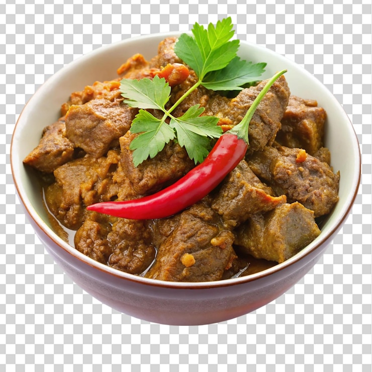 PSD rendang un curry seco cocido lentamente hecho de carne de res aislada sobre un fondo transparente