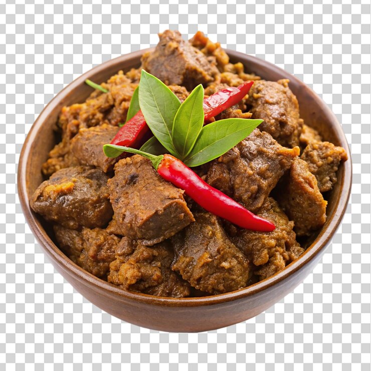 PSD rendang un curry seco cocido lentamente hecho de carne de res aislada sobre un fondo transparente