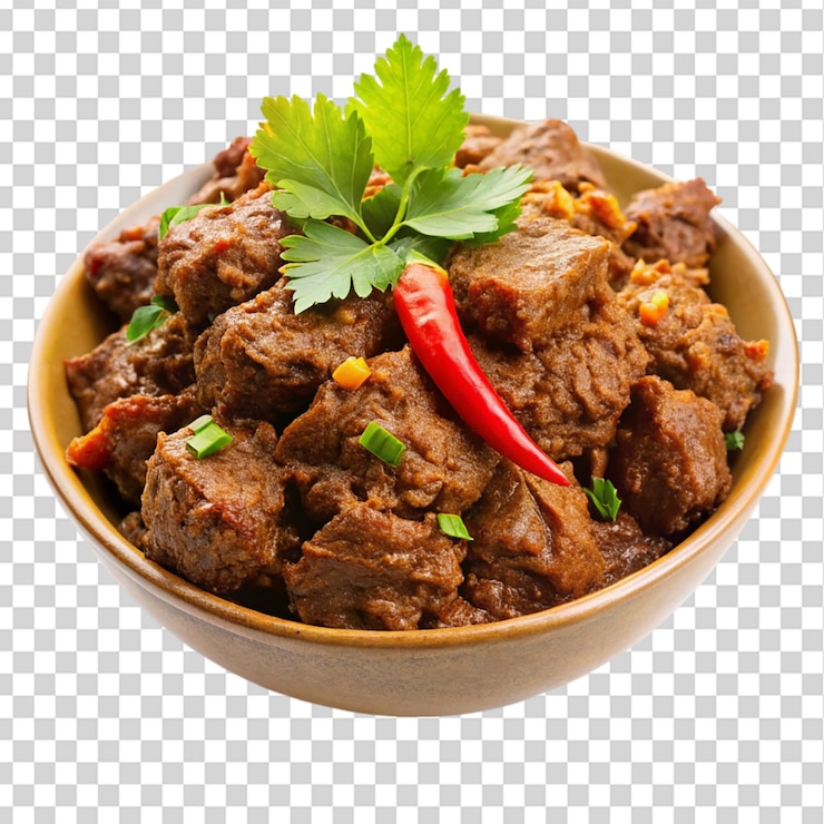 PSD rendang un curry seco cocido lentamente hecho de carne de res aislada sobre un fondo transparente
