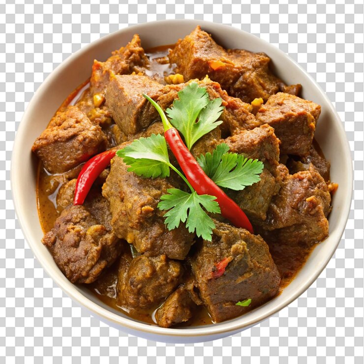 PSD rendang un curry seco cocido lentamente hecho de carne de res aislada sobre un fondo transparente