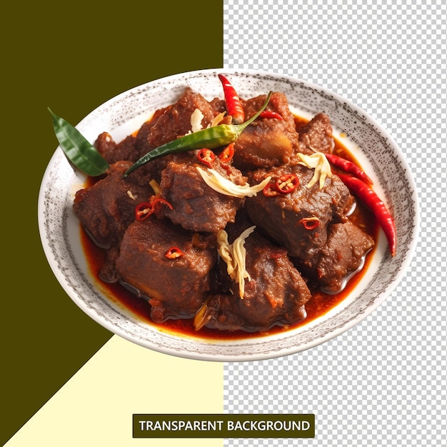 PSD rendang indonésien typique servi sur fond magnifiquement transparent