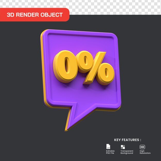 Render 3D 0 por ciento de descuento de promoción de venta. útil para el comercio electrónico y la ilustración de compras en línea.
