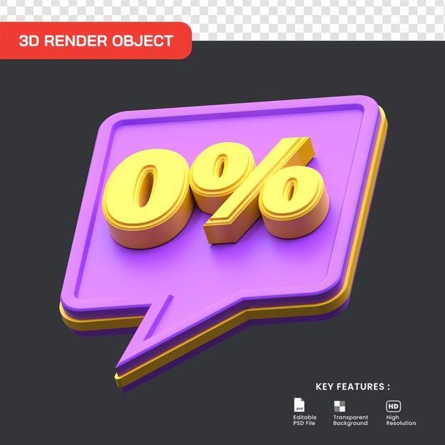 Render 3D 0 por ciento de descuento de promoción de venta. útil para el comercio electrónico y la ilustración de compras en línea.