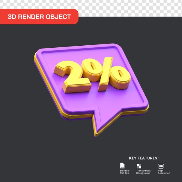 Render 3D 2 por ciento de descuento de promoción de venta. útil para el comercio electrónico y la ilustración de compras en línea.