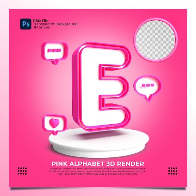 Render 3d del alfabeto E del feminismo con color rosa y elementos