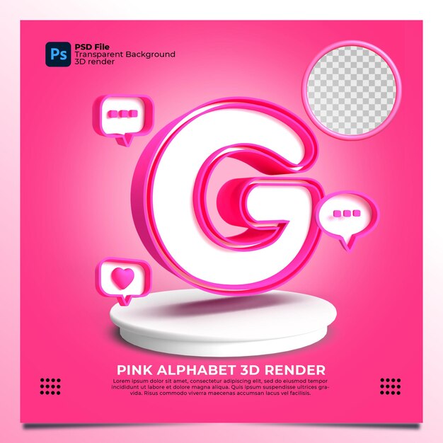 Render 3d del alfabeto G del feminismo con color rosa y elementos