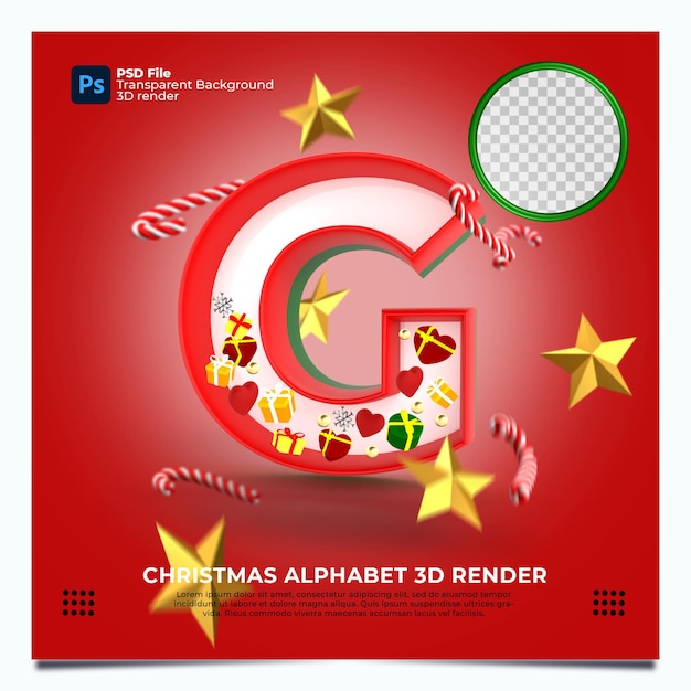 Render 3d del alfabeto G de Navidad con elementos y colores oro verde rojo