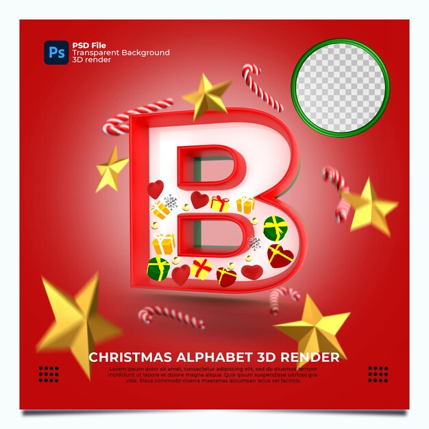 Render 3d del alfabeto de Navidad B con elementos y colores oro verde rojo
