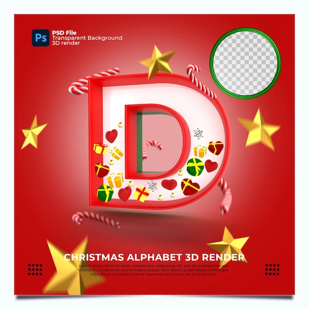 Render 3d del alfabeto de Navidad D con elementos y colores oro verde rojo