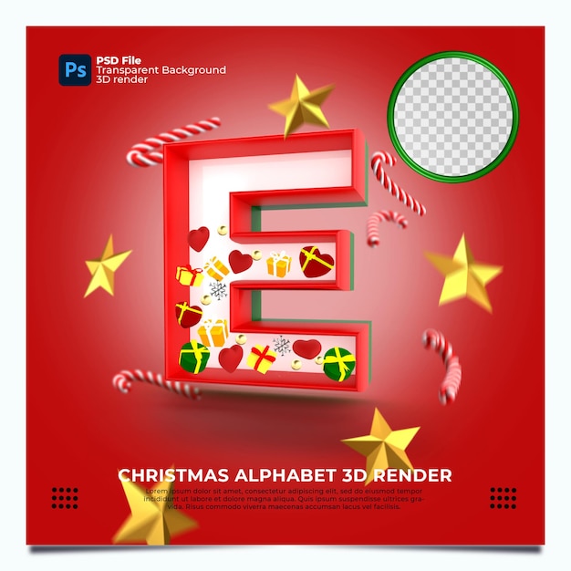 Render 3d del alfabeto de Navidad E con elementos y colores oro verde rojo