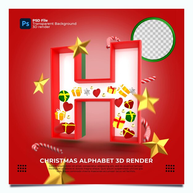 Render 3d del alfabeto de Navidad H con elementos y colores oro verde rojo