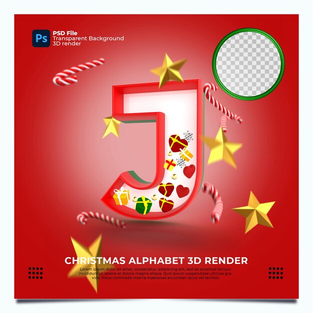 Render 3d del alfabeto de Navidad J con elementos y colores oro verde rojo