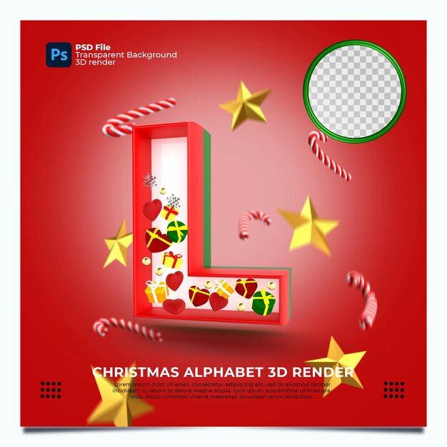 Render 3d del alfabeto de Navidad L con colores y elementos de oro verde rojo