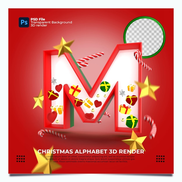 Render 3d del alfabeto de Navidad M con colores y elementos de oro verde rojo