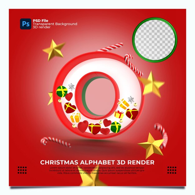 Render 3d del alfabeto de Navidad O con elementos y colores oro verde rojo