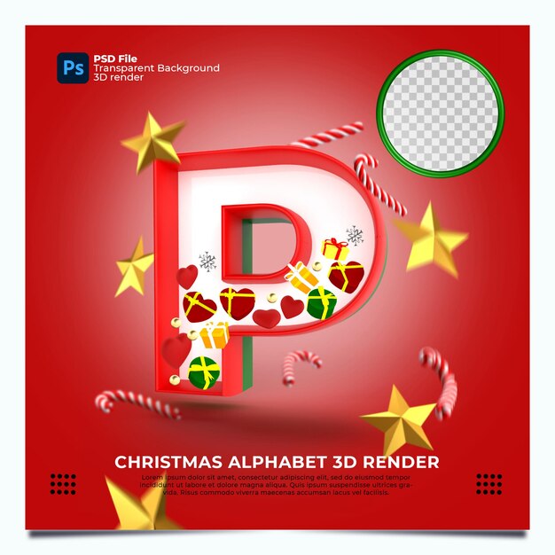 Render 3d del alfabeto de Navidad P con elementos y colores oro verde rojo