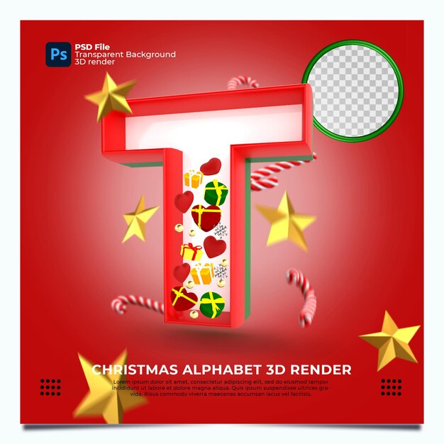 Render 3d del alfabeto de Navidad T con colores y elementos de oro verde rojo